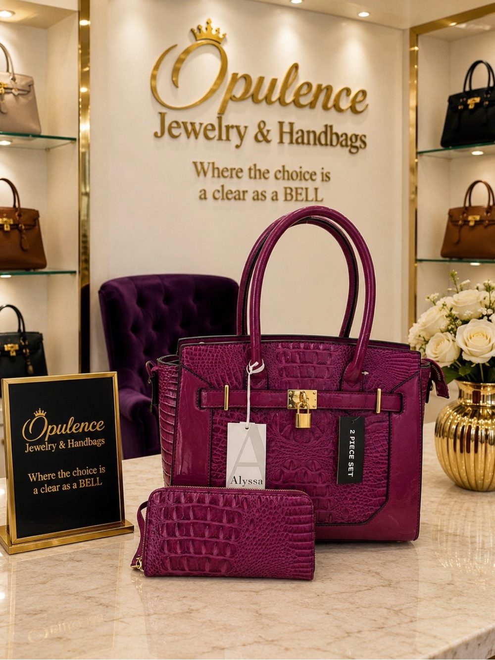 Women's Purple Croc-Embossed Tote Handbag with Wallet
